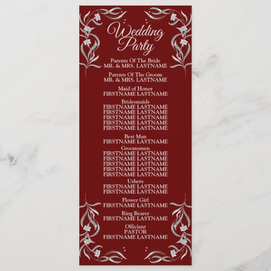  zilveren flessenpatroon rode legante bruiloft programma (Achterkant)