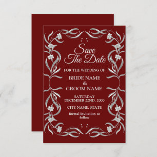 zilveren flessenpatroon rode legante bruiloft save the date