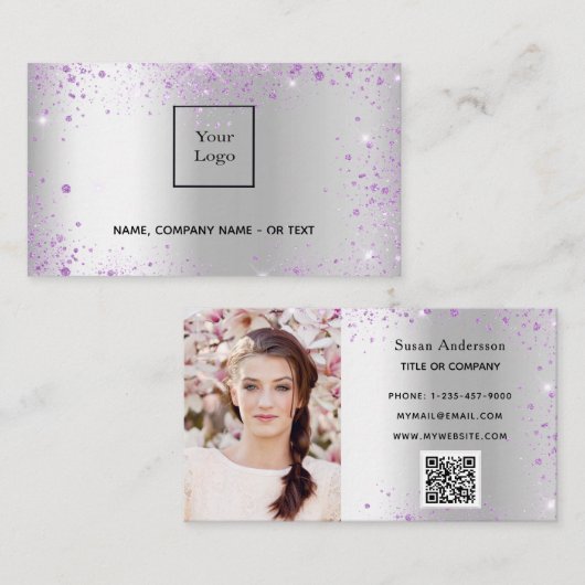 Zilveren foto QR-code glitterstof vrouw Visitekaartje (Voorkant / Achterkant)