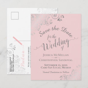 Zilveren franjes op roze wedding save the date aankondigingskaart