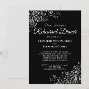 Zilveren franjes op zwart bruiloft repetitie diner kaart