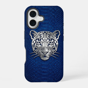 Zilveren Geometrische Tijger Blauwe Slangenhuid iP iPhone 16 Hoesje