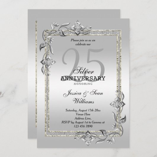 Zilveren Glans & Glitter 25e huwelijksverjaardag Kaart (Voorkant / Achterkant)