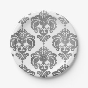 Zilveren glans & Witte Damast Vintage Trouw Event Papieren Bordje