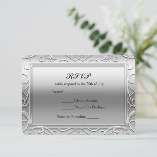 Zilveren glanzende Elegante Glamour bruiloft RSVP (Staand voorkant)