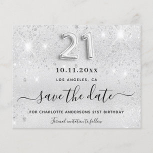 Zilveren glitter 21e verjaardag save the date kaar