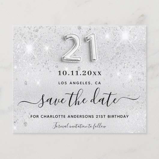 Zilveren glitter 21e verjaardag save the date kaar (Voorkant)
