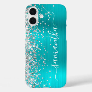 Zilveren Glitter Aqua Blue Metallic Girly Signatur iPhone 16 Plus Hoesje
