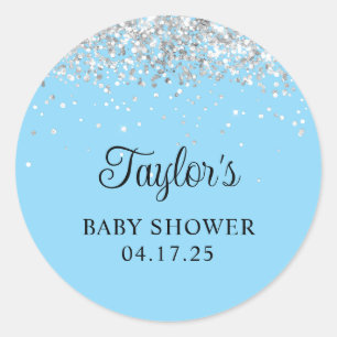 Zilveren Glitter Baby Blauwe Shower Ronde Sticker