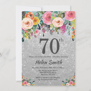 Zilveren Glitter Bloem 70ste Verjaardagsuitnodigin Kaart
