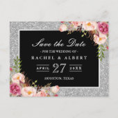 Zilveren Glitter Bloemen Bruiloft Save the Date Aankondigingskaart (Voorkant)