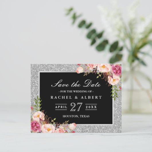 Zilveren Glitter Bloemen Bruiloft Save the Date Aankondigingskaart (Staand voorkant)