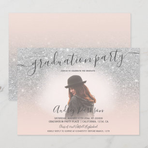 Zilveren glitter blush roze chique foto afstuderen kaart