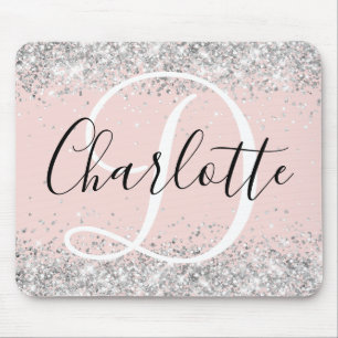 Zilveren Glitter Blush Zwart en Wit Monogram Muismat