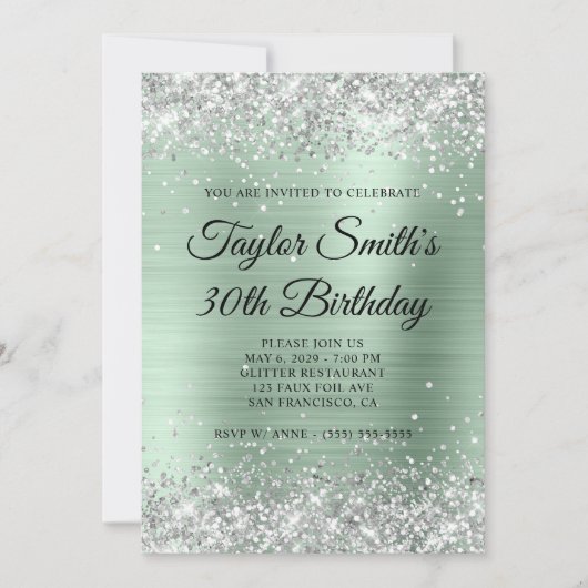 Zilveren Glitter Bord Mint Monogram 30e Verjaardag Kaart (Voorkant)