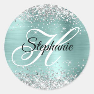 Zilveren Glitter Bord Turquoise Folie Fancy Monogr Ronde Sticker