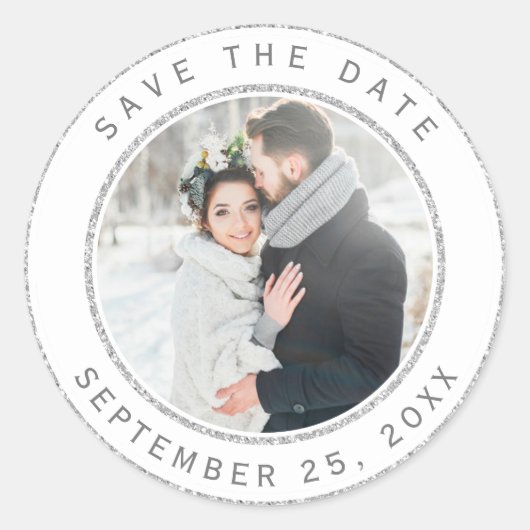 Zilveren Glitter Cirkel Trouwfoto Save the Date Ronde Sticker (Voorkant)