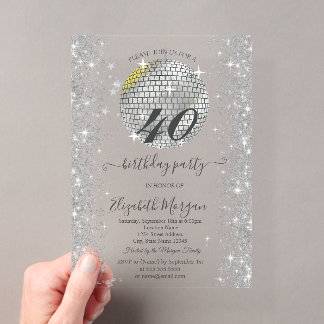 Zilveren Glitter Diamanten Ivoor 40e Verjaardagsfe Acryl Uitnodigingen