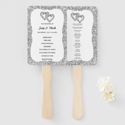 Zilveren Glitter Diamond Hearts Trouwprogramma Fan Handwaaier (Voorkant en achterkant)