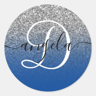 Zilveren Glitter Diep Blauw Ombre Monogram Ronde Sticker