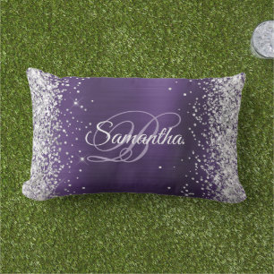 Zilveren Glitter Donker Violette Folie Fancy Monog Buitenkussen