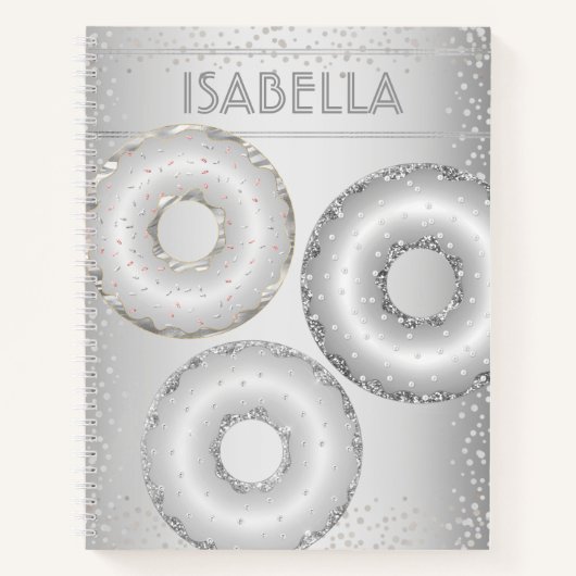 Zilveren glitter donuts naam moderne trendy girly notitieboek (Voorkant)