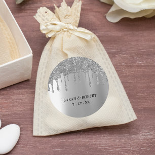 Zilveren Glitter Drip Bruiloft Ronde Sticker
