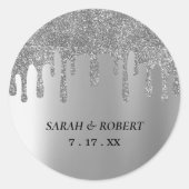 Zilveren Glitter Drip Bruiloft Ronde Sticker (Voorkant)