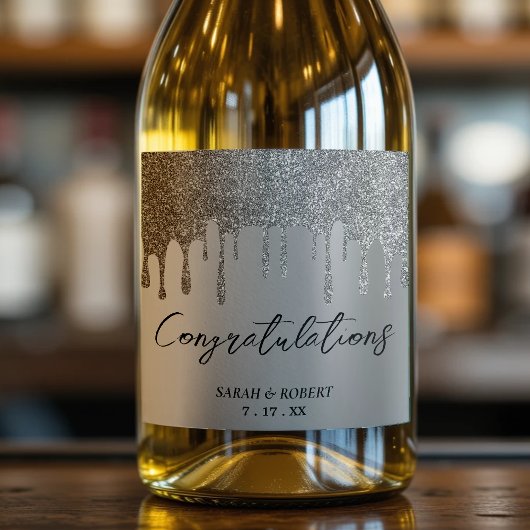 Zilveren Glitter Drip Bruiloft Sparkling Wijnetiket