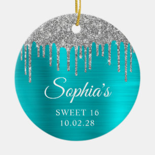 Zilveren Glitter Drips Aqua Blue Sweet 16 Foto Keramisch Ornament