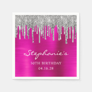 Zilveren Glitter Drips Hot Pink 50th Verjaardag Servet