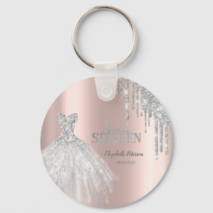 Zilveren Glitter Drips, Jurk Rose Goud Sweet 16 Sleutelhanger