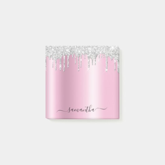 Zilveren Glitter Drips Roze Schittering Post-it® Notes (Voorkant)