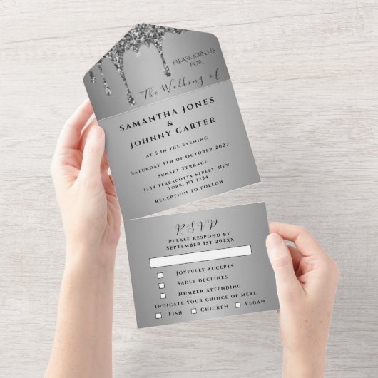 Zilveren Glitter Drips Sparkle RSVP Elegant Bruilo All In One Uitnodiging (Afscheurbaar)