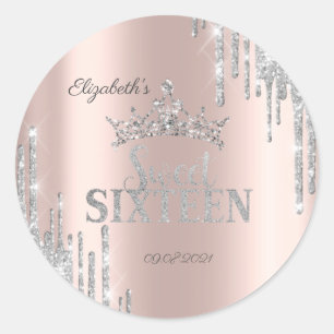 Zilveren Glitter Drips Tiara Roze Goud Sweet 16 Ronde Sticker