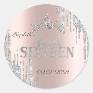 Zilveren Glitter Drips Tiara Roze Goud Sweet 16 Ronde Sticker