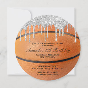 Zilveren Glitter Druppel Basketbal Uitnodiging