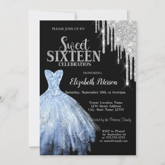 Zilveren glitter druppels, blauwe jurk zwart zoet  kaart (Voorkant)