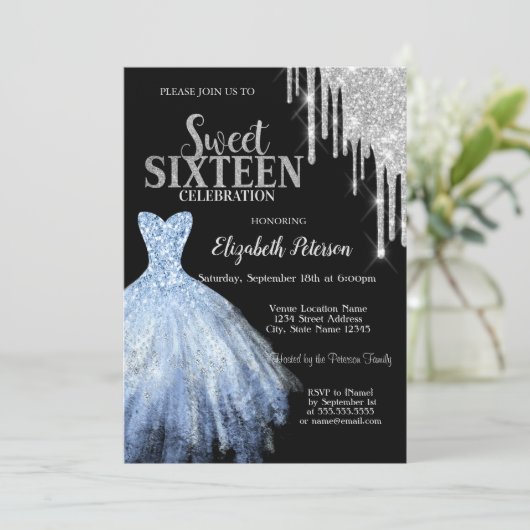 Zilveren glitter druppels, blauwe jurk zwart zoet  kaart (Staand voorkant)