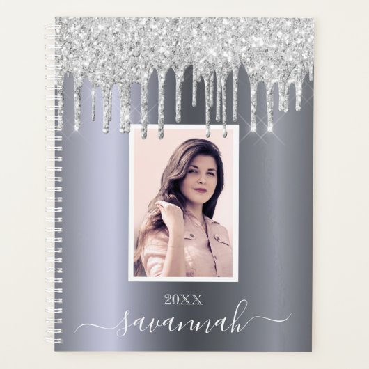 Zilveren glitter druppels foto naam script planner (Voorkant)
