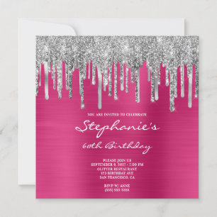 Zilveren Glitter Druppels Fuchsia Roze 60e Verjaar Kaart
