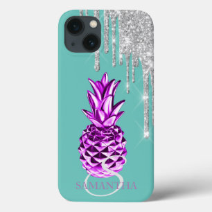 Zilveren Glitter Druppels Metallic Ananas Groen iPhone 13 Hoesje