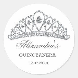 Zilveren glitter effect tiara Quinceanera Ronde Sticker