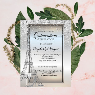Zilveren Glitter Eiffeltoren, Glazen Quinceañera Kaart