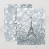 Zilveren Glitter Eiffeltoren Save the Date Aankondigingskaart (Voorkant / Achterkant)