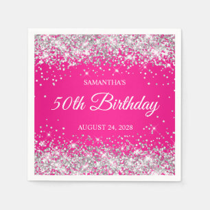 Zilveren Glitter en Heet Roze 50ste Verjaardag Servet