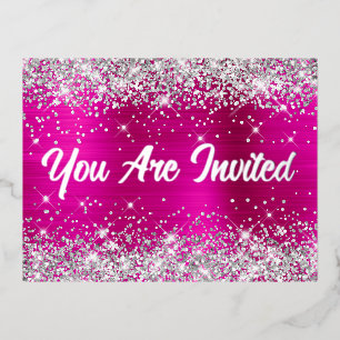 Zilveren Glitter en Hot Pink Glam 50ste Verjaardag Folie Uitnodiging Briefkaart