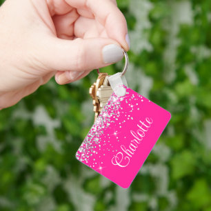 Zilveren Glitter en Hot Pink Monogram Sleutelhanger