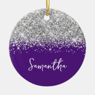 Zilveren Glitter en Koninklijk Paarse Glam Naam Keramisch Ornament