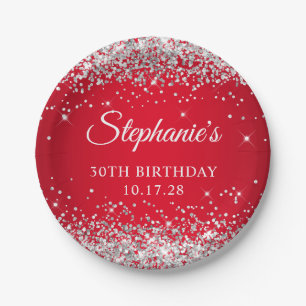 Zilveren Glitter en Rood 30ste verjaardag Papieren Bordje